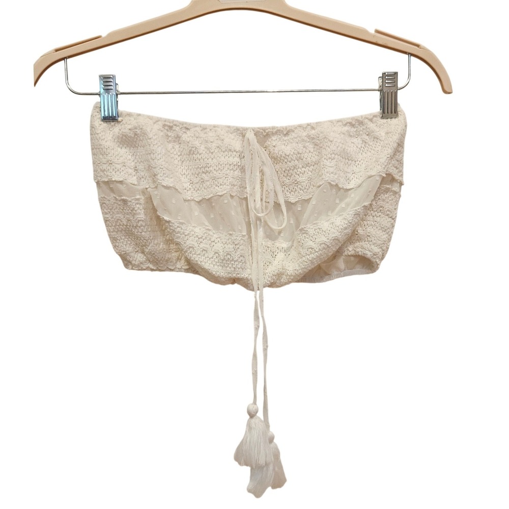 Nasty Gal White Crochet Lace Swiss Dot Tassel Bandeau Crop Top Medium 8